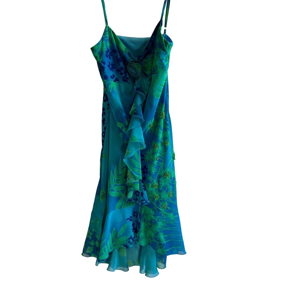 Mermaid Y2K Tropical Beaded Asymmetrical Ruffle Dress Blue Green Floral Small